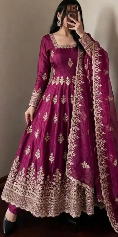 NSR 918 Wine Fendy Silk Gown with Embroidery Work & Sequins Work. Special Price ₹2399. Delivery 4-6 Working Days. Shop now. | Gowns, Bollywood Gowns, Creative Gowns, Designer Gowns, Embroidered Gowns, Party Wear Gowns