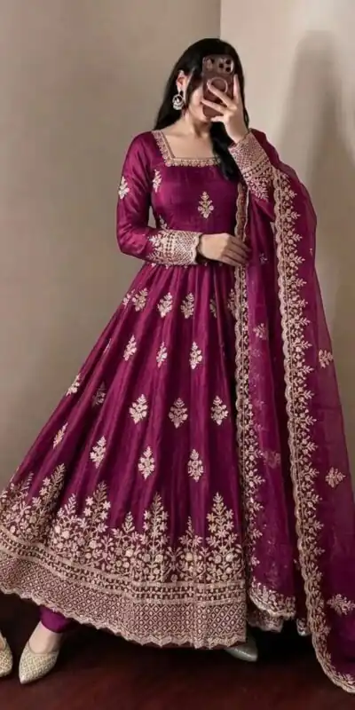 NSR 918 Wine Fendy Silk Gown with Embroidery Work & Sequins Work. Special Price ₹2399. Delivery 4-6 Working Days. Shop now. | Gowns, Bollywood Gowns, Creative Gowns, Designer Gowns, Embroidered Gowns, Party Wear Gowns