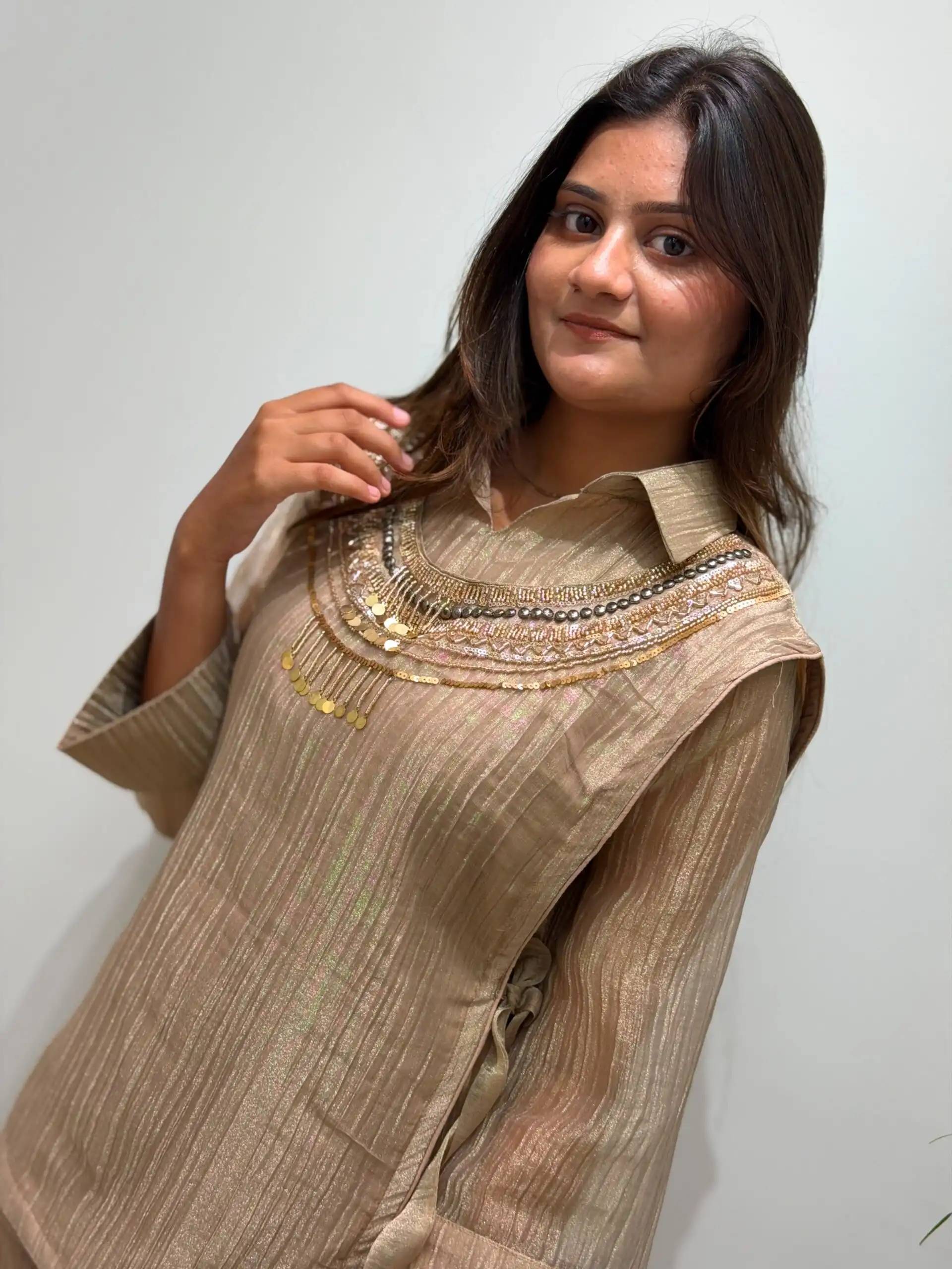 BE 485 Cream Colour | Brown Salsa Silk Kurti with Hand Work. Get it for ₹2249. Delivery 4-6 Working Days. Online Shop now. | Kurti, Bollywood Kurti, Creative Kurtis, Designer Kurti, Party Wear Kurti, Selfie Kurti