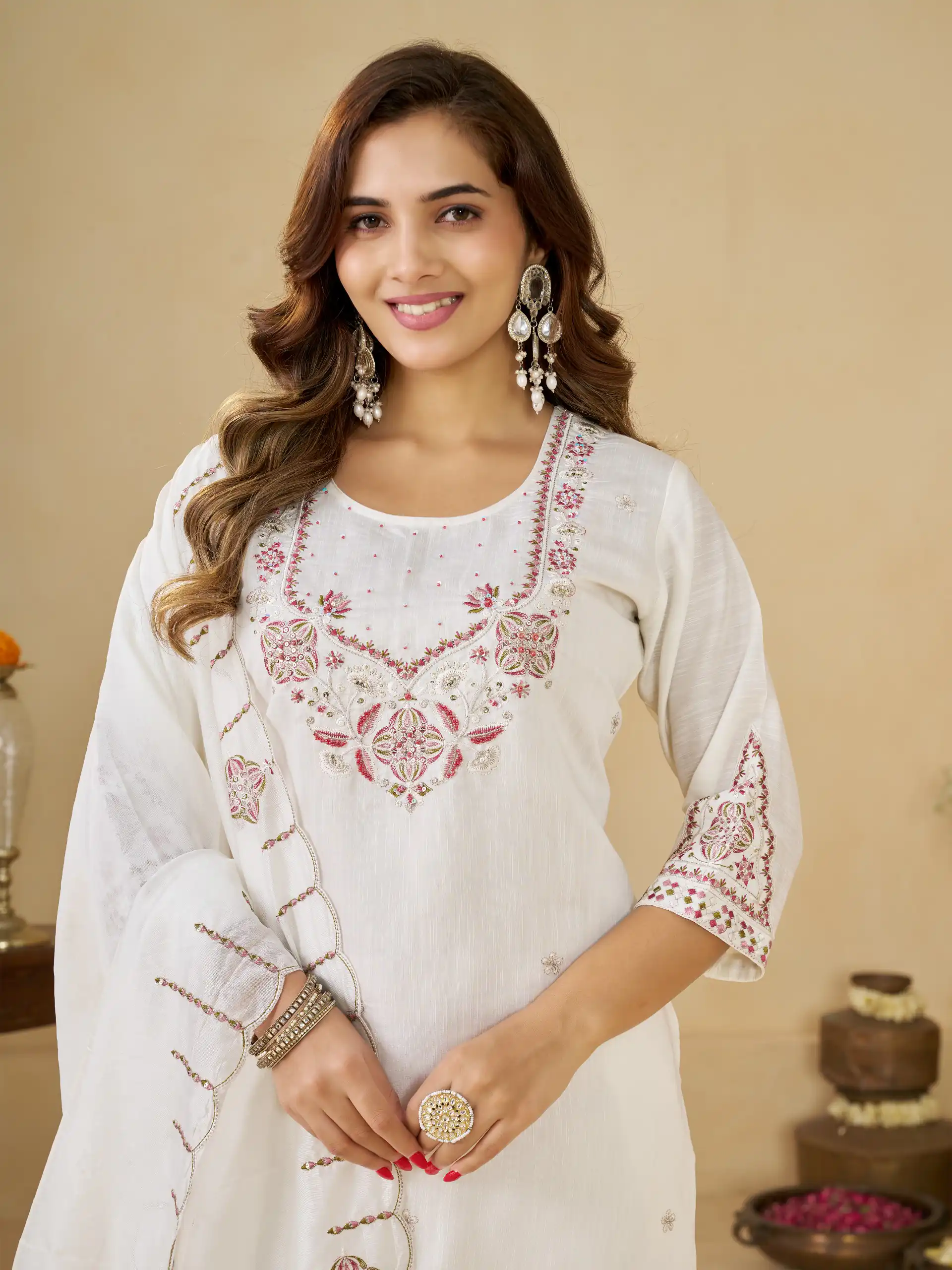 Alluring White Marina Silk Embroidery Work Salwar Suit - Image 2