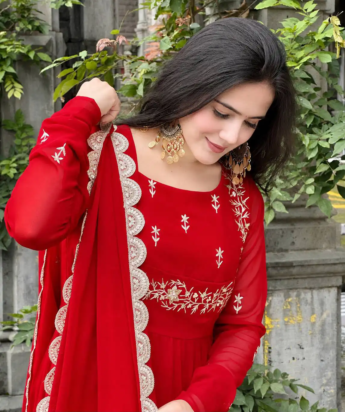 Angelic Red Faux Georgette Sequence Work Gown - Image 3