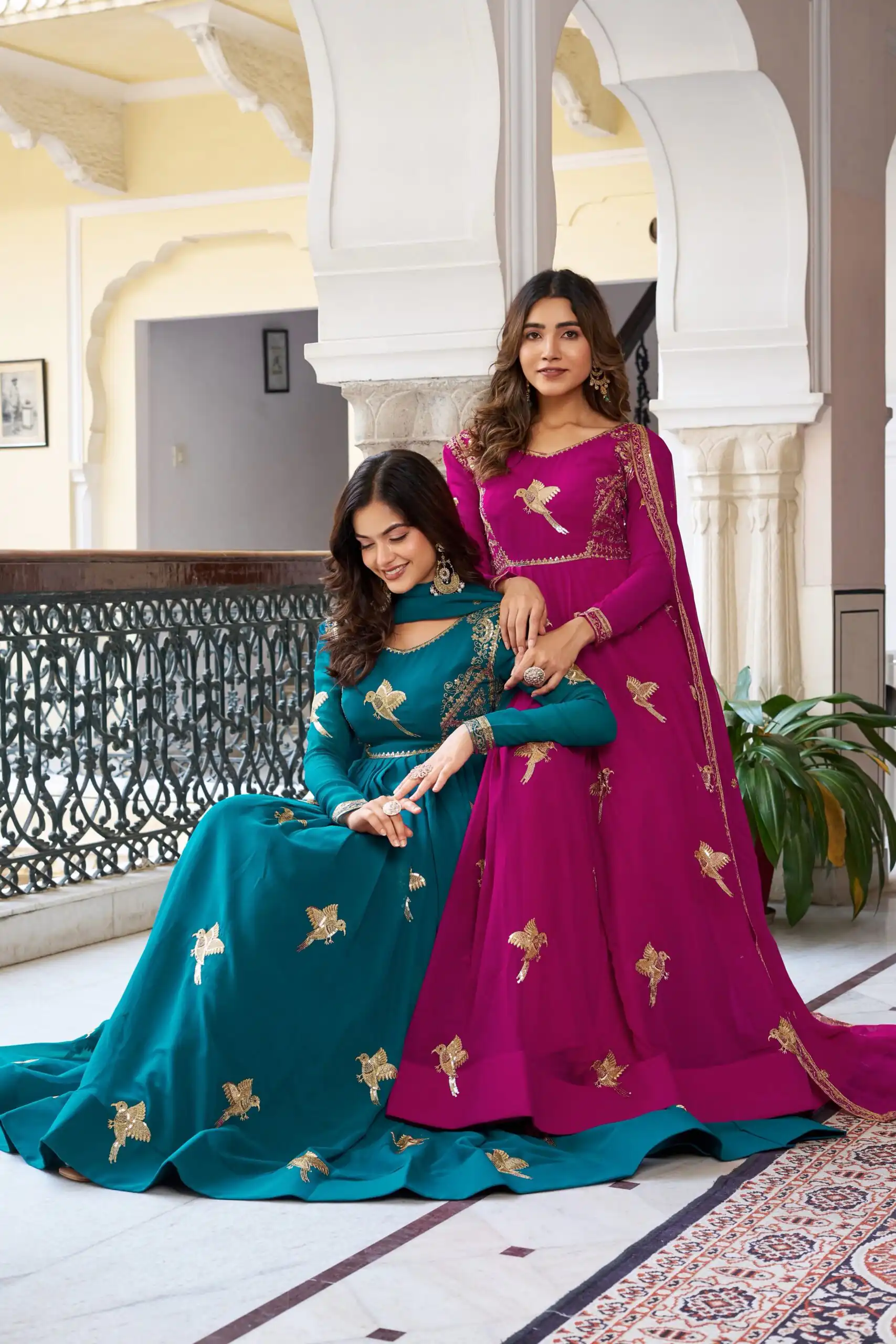 Angelic Teal Faux Georgette Thread Work Gown - Image 6