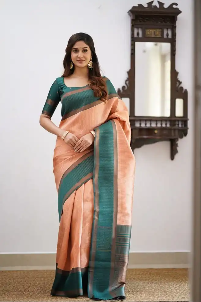 Cool Teal Soft Lichi Silk Lace Work Saree - Image 2