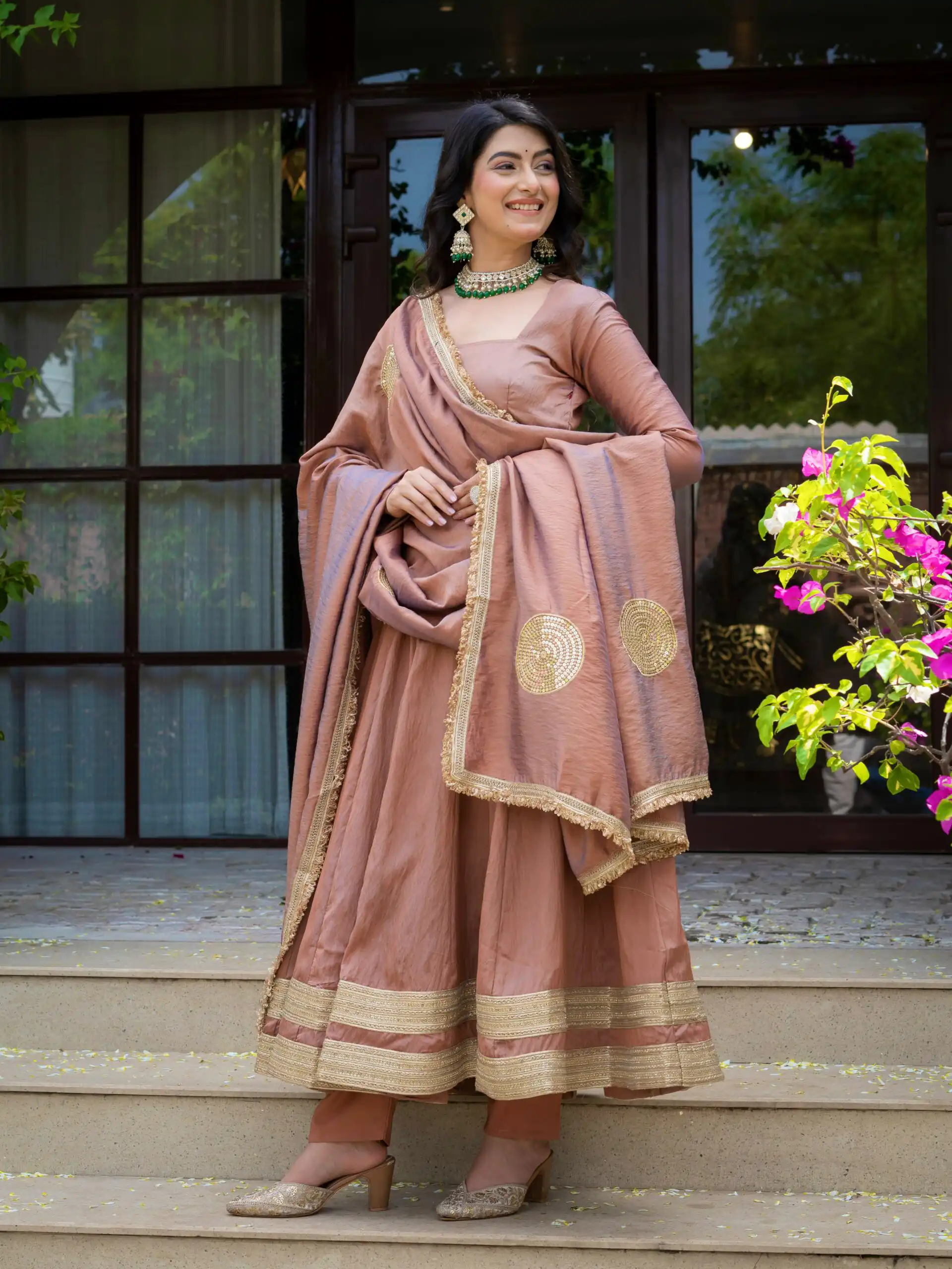 Fancy Brown Vichitra Embroidery Work Anarkali Suit - Image 6