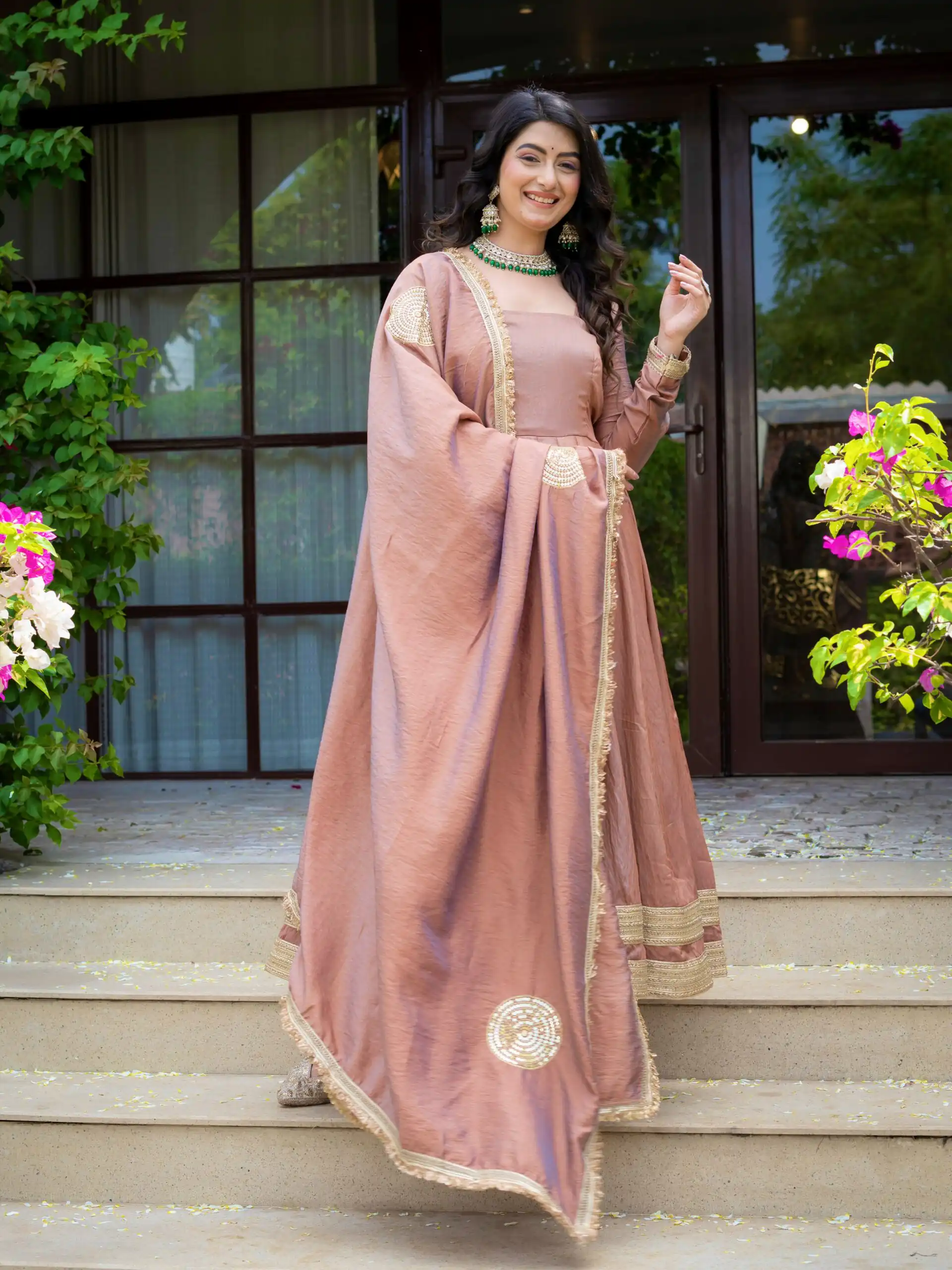 Fancy Brown Vichitra Embroidery Work Anarkali Suit - Image 4