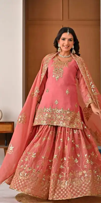Fancy Peach Crunchy Silk Embroidery Work Salwar Suit
