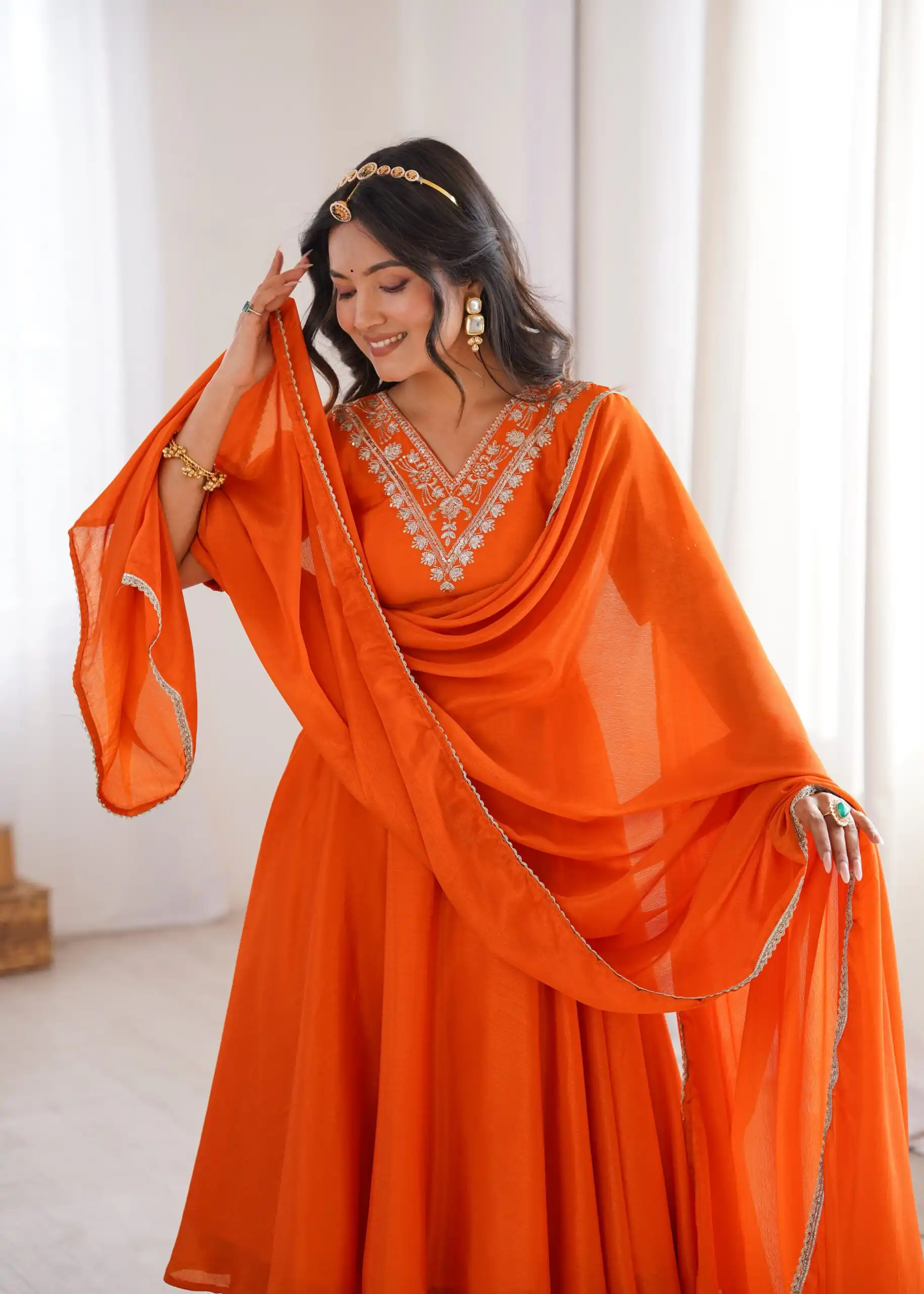 Glowing Orange Chinon Silk Sequin Work Salwar Suit - Image 8