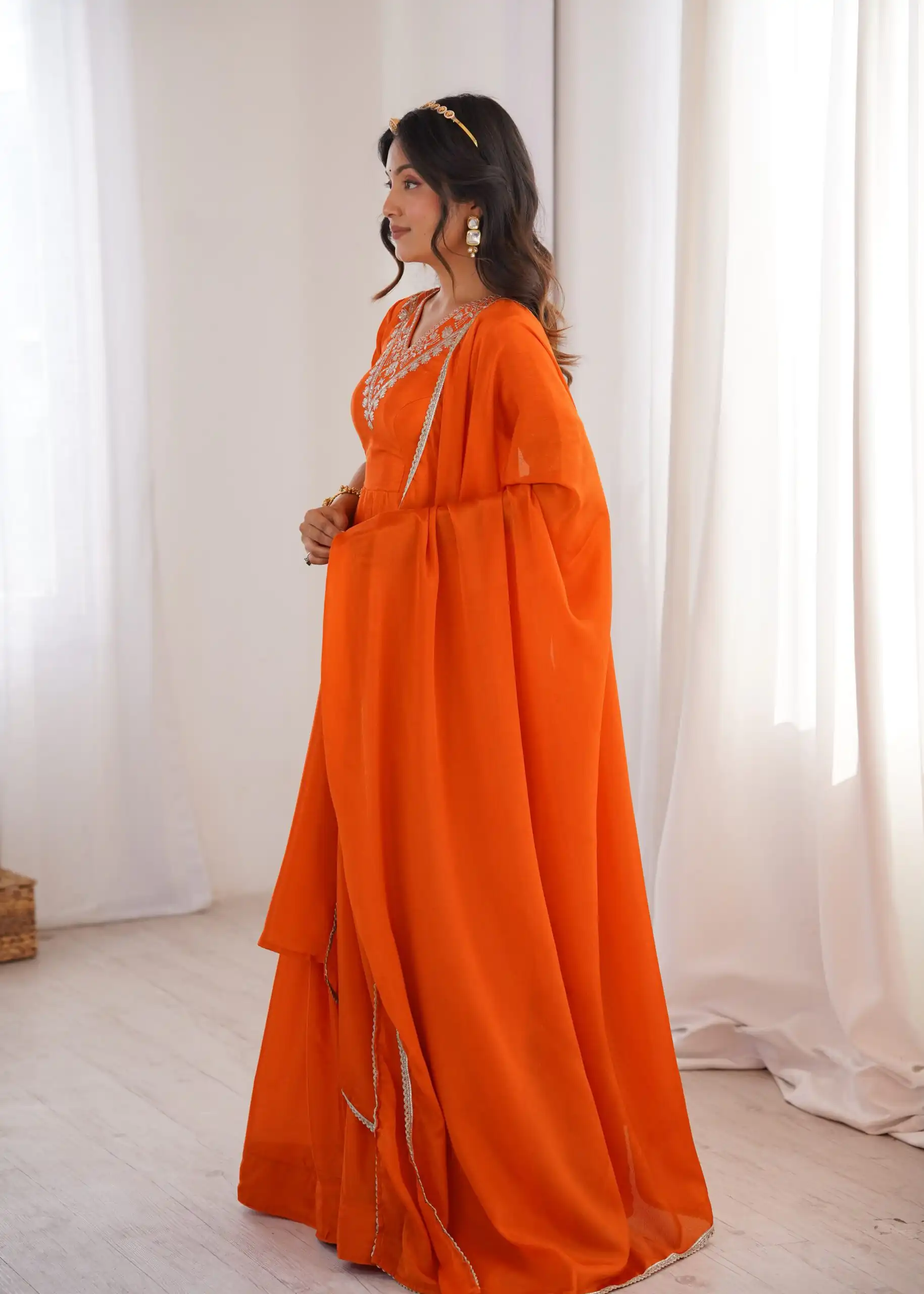 Glowing Orange Chinon Silk Sequin Work Salwar Suit - Image 6