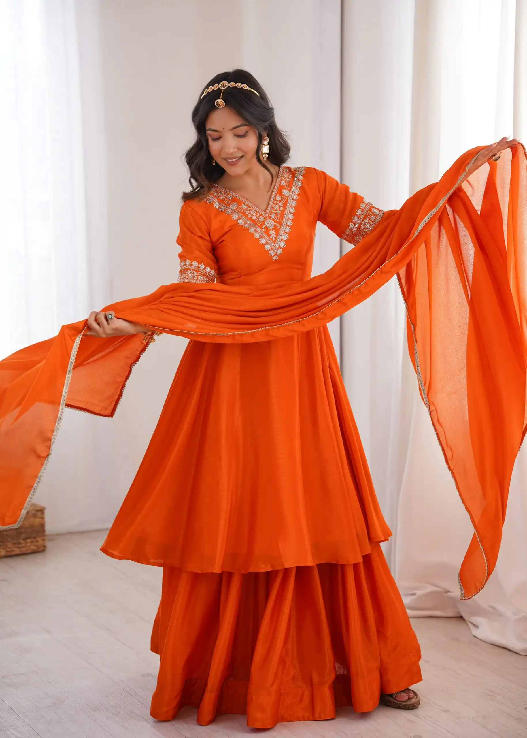 Glowing Orange Chinon Silk Sequin Work Salwar Suit - Image 5