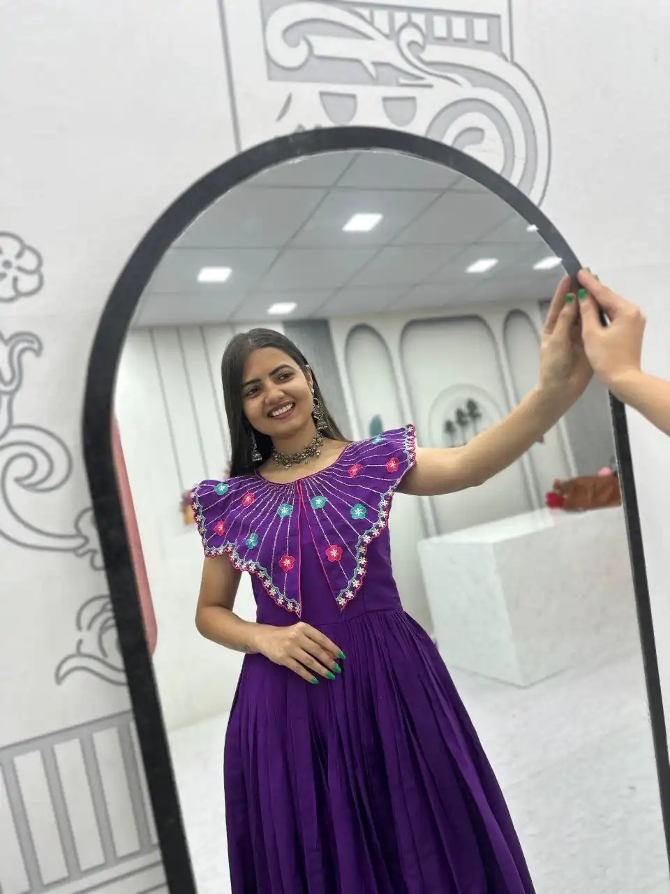 Lovely Purple Roman Thread Khatli Work Gown - Image 3