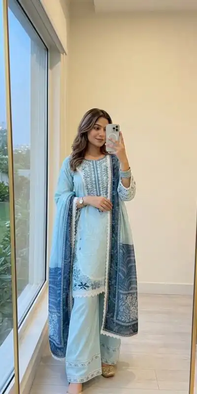 Pretty Sea Blue Satin Rayon Embroidery Digital Print Salwar Suit