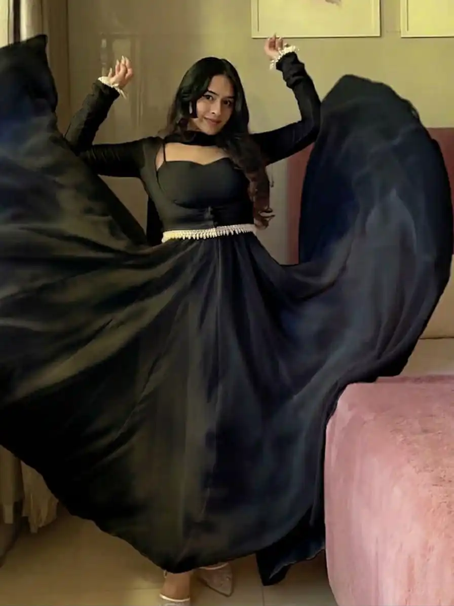 Shiny Black Faux Georgette Fancy Less Work Anarkali Suit