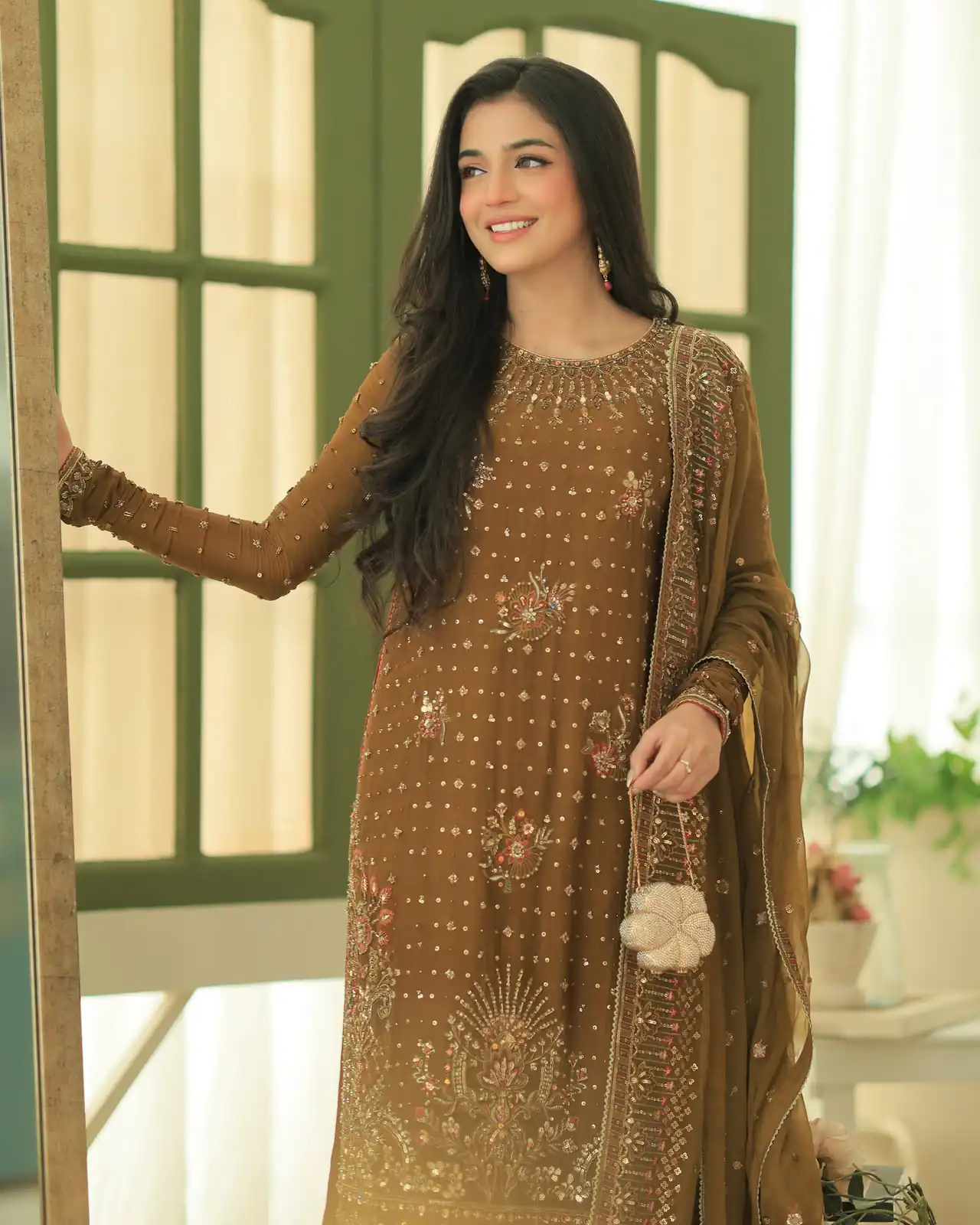 Shiny Brown Georgette Embroidery Work Salwar Suit - Image 3