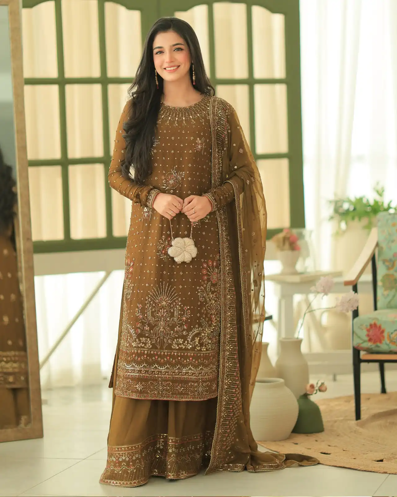 Shiny Brown Georgette Embroidery Work Salwar Suit
