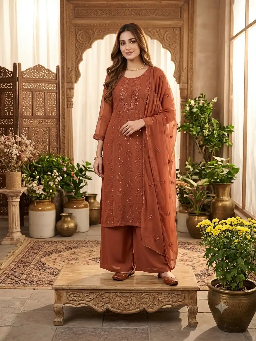 Shiny Rust Faux Georgette Embroidery Work Salwar Suit - Image 2