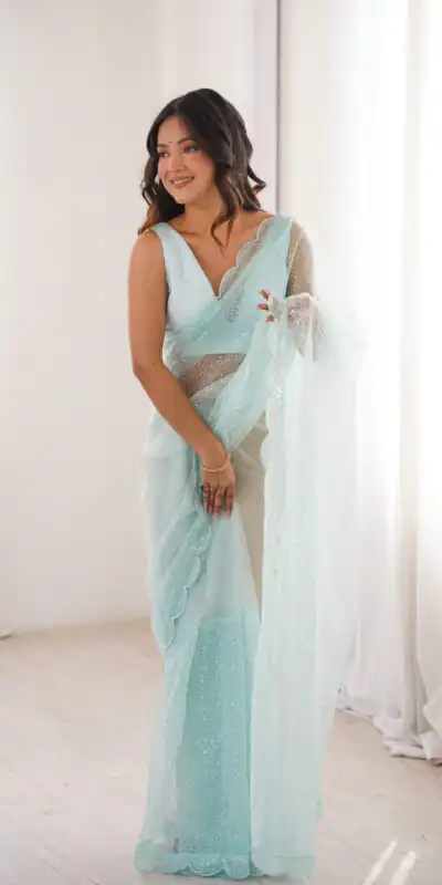 Shiny Sky Blue Soft Net Sequins Work Saree