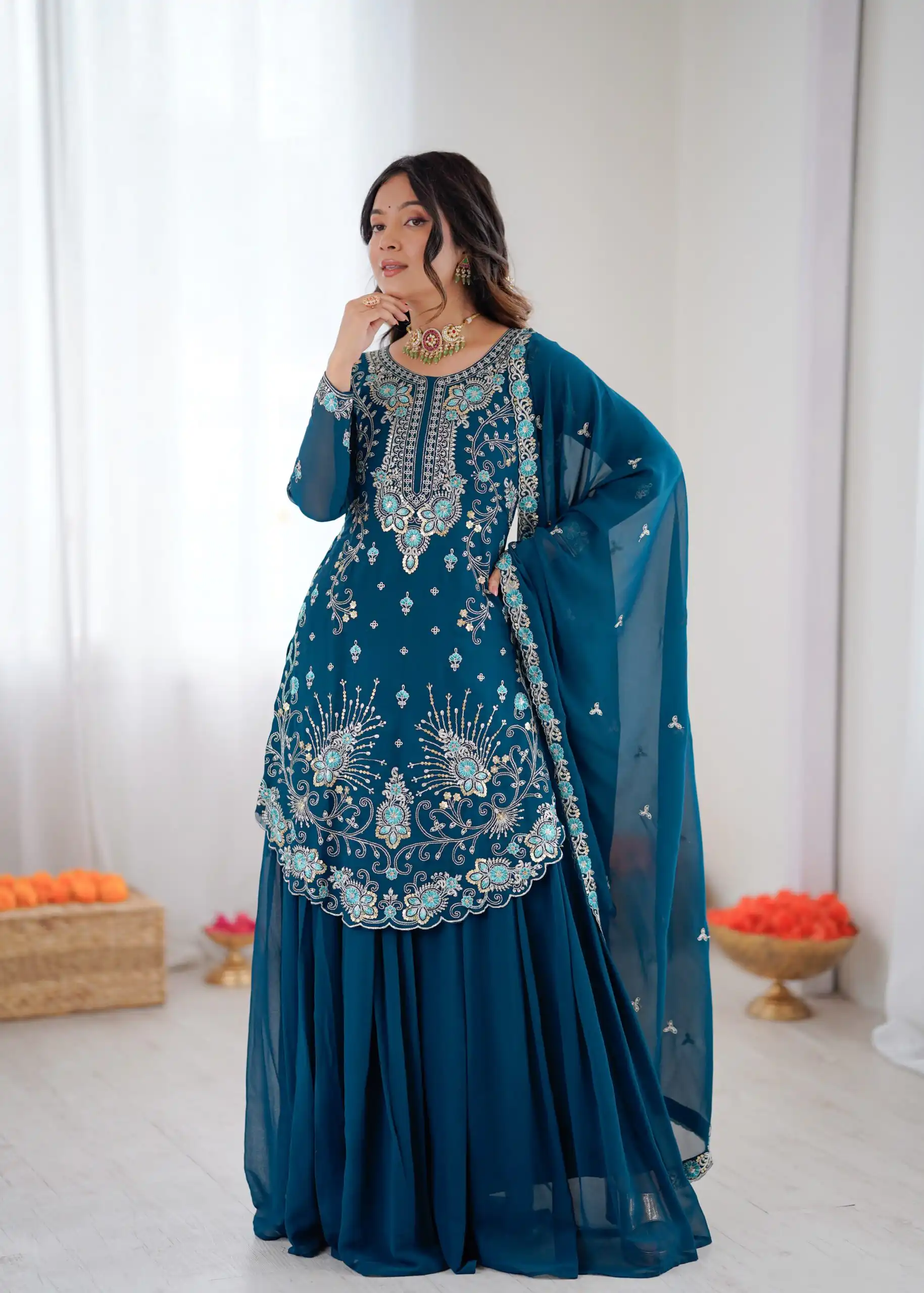 Shiny Teal Faux Georgette Sequence Work Salwar Suit - Image 2