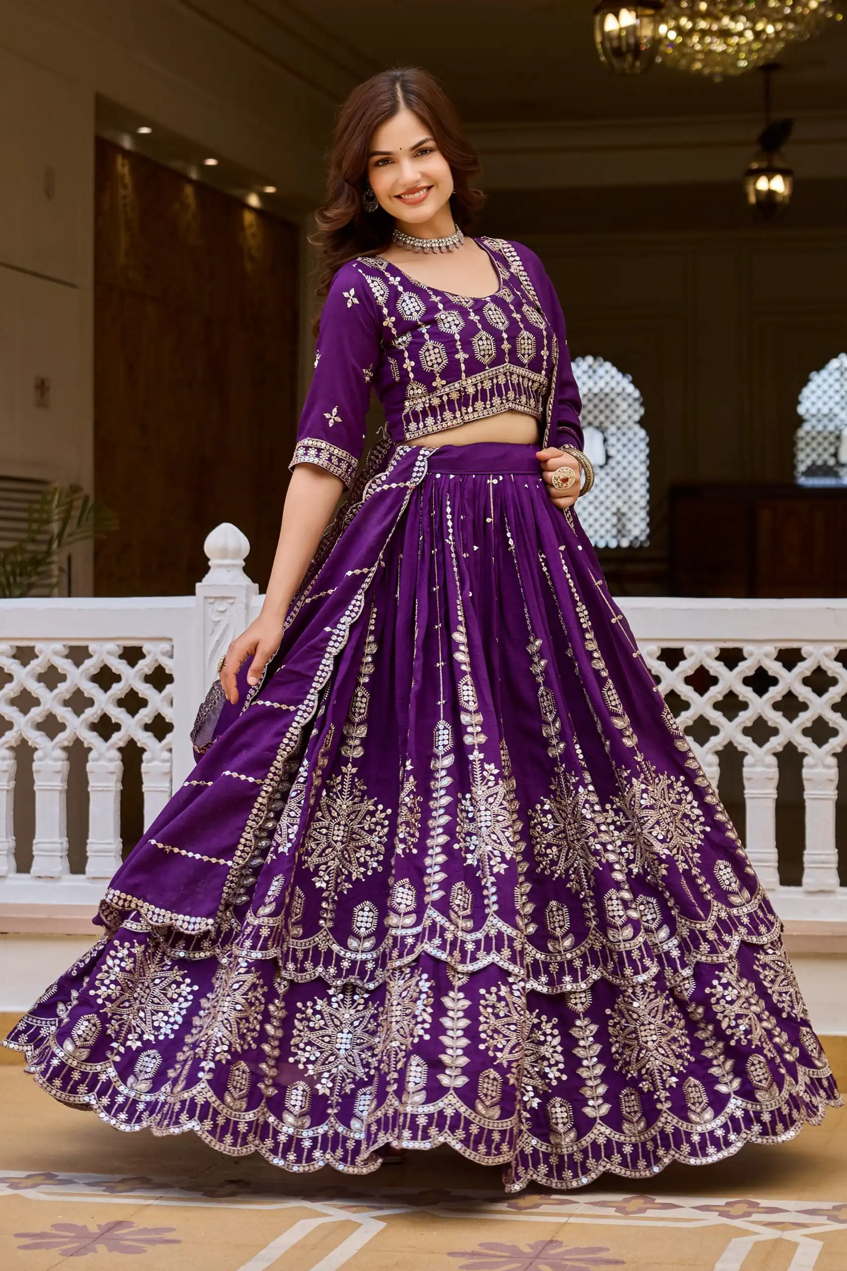 Super Purple Vichitra Sequence Work Lehenga Choli - Image 3