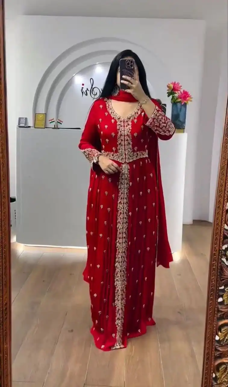 Super Red Faux Georgette Sequence Work Gown - Image 4