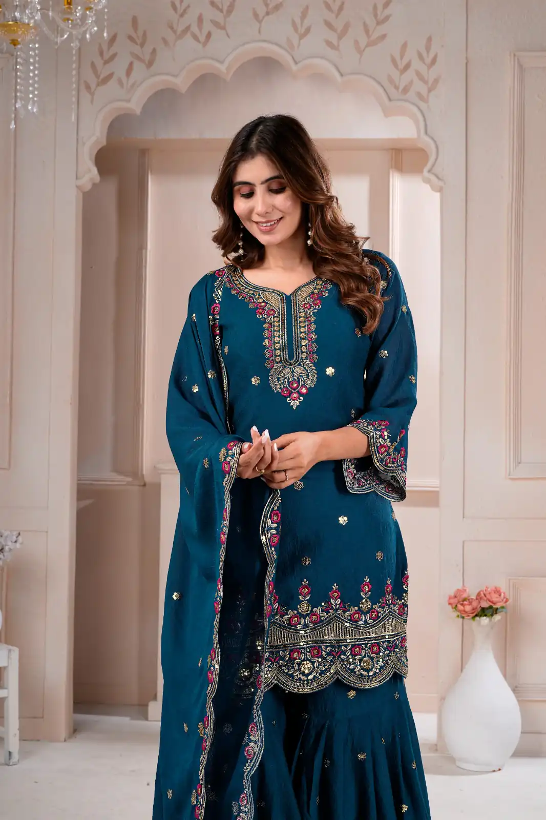 Super Teal Rangoli Crush Embroidery Work Salwar Suit - Image 3