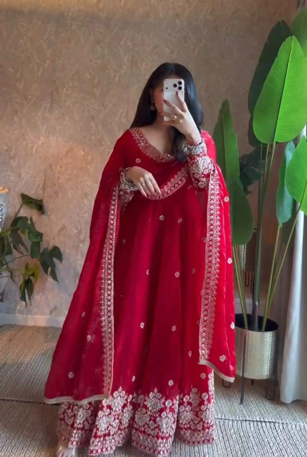 Unique Red Fendy Silk Embroidery Work Gown - Image 2