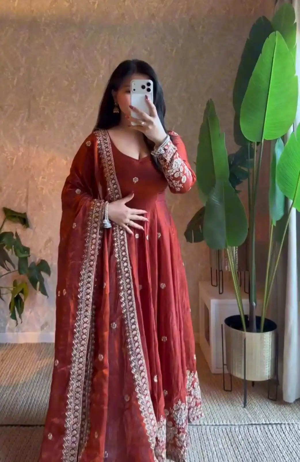 Unique Rust Fendy Silk Embroidery Work Gown