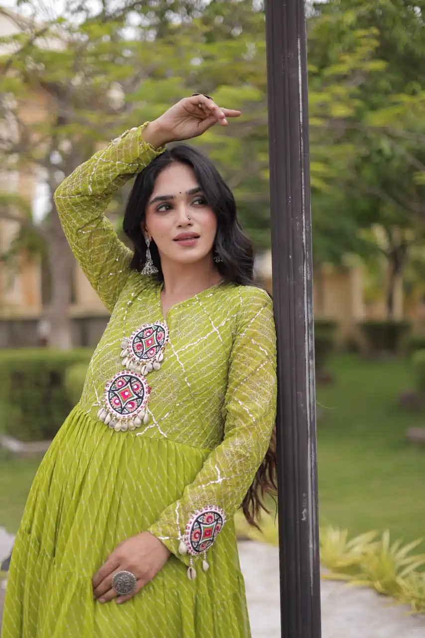 KA 1275 Green in Colour Faux Georgette Bandhani Print Work Gown. Available at ₹1669 only. Delivery 4-6 Working Days. Shop now. | Gowns, Bollywood Gowns, Creative Gowns, Designer Gowns, Embroidered Gowns, Party Wear Gowns