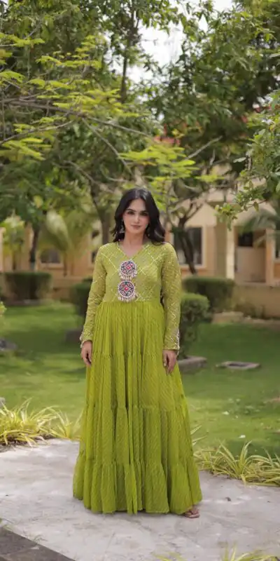 KA 1275 Green in Colour Faux Georgette Bandhani Print Work Gown. Available at ₹1669 only. Delivery 4-6 Working Days. Shop now. | Gowns, Bollywood Gowns, Creative Gowns, Designer Gowns, Embroidered Gowns, Party Wear Gowns