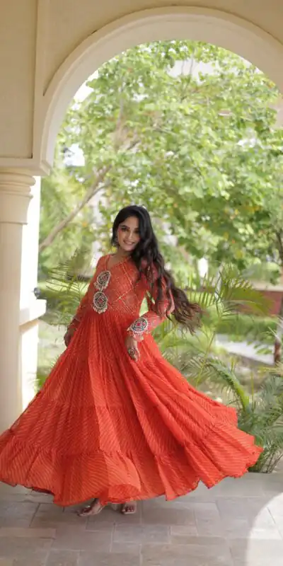 KA 1275 Orange in Colour Faux Georgette Bandhani Print Work Gown. Available at ₹1669 only. Delivery 4-6 Working Days. Shop now. | Gowns, Bollywood Gowns, Creative Gowns, Designer Gowns, Embroidered Gowns, Party Wear Gowns