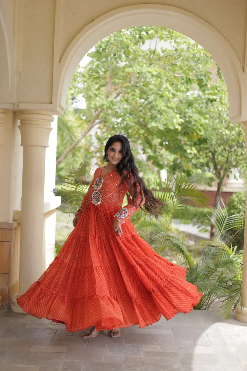 KA 1275 Orange in Colour Faux Georgette Bandhani Print Work Gown. Available at ₹1669 only. Delivery 4-6 Working Days. Shop now. | Gowns, Bollywood Gowns, Creative Gowns, Designer Gowns, Embroidered Gowns, Party Wear Gowns
