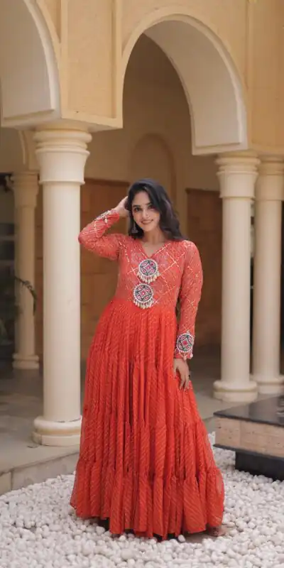 KA 1275 Orange in Colour Faux Georgette Bandhani Print Work Gown. Available at ₹1669 only. Delivery 4-6 Working Days. Shop now. | Gowns, Bollywood Gowns, Creative Gowns, Designer Gowns, Embroidered Gowns, Party Wear Gowns