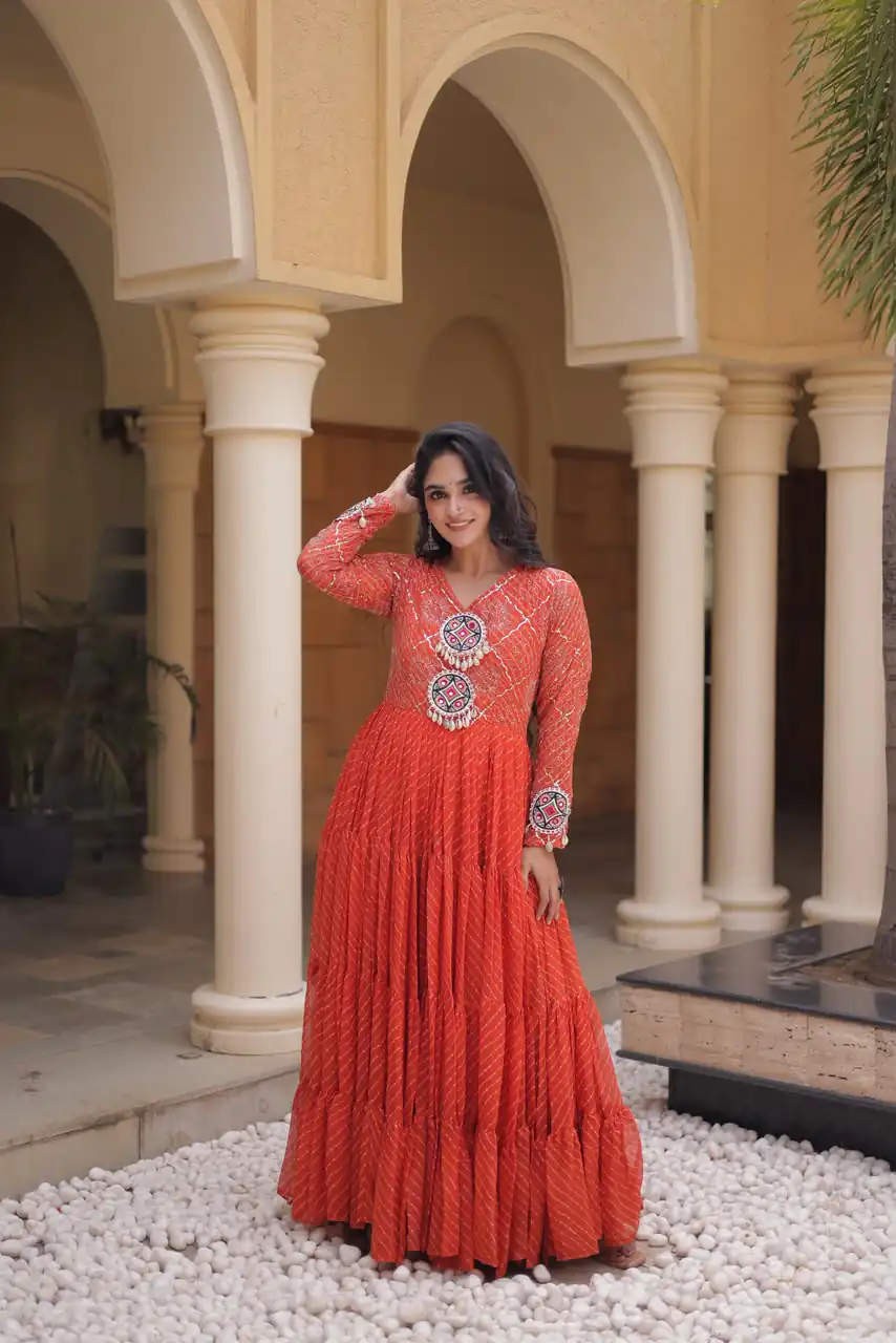 KA 1275 Orange in Colour Faux Georgette Bandhani Print Work Gown. Available at ₹1669 only. Delivery 4-6 Working Days. Shop now. | Gowns, Bollywood Gowns, Creative Gowns, Designer Gowns, Embroidered Gowns, Party Wear Gowns