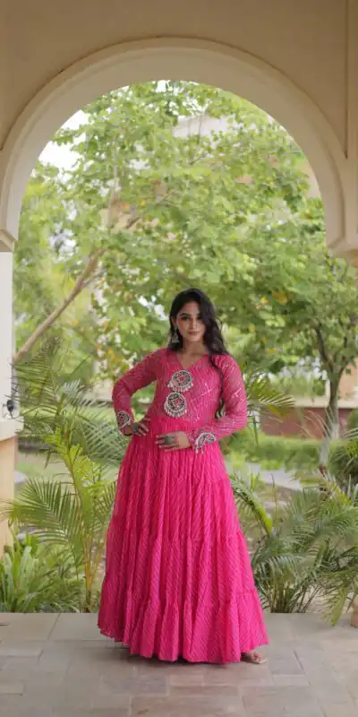 KA 1275 Pink in Colour Faux Georgette Bandhani Print Work Gown. Available at ₹1669 only. Delivery 4-6 Working Days. Shop now. | Gowns, Bollywood Gowns, Creative Gowns, Designer Gowns, Embroidered Gowns, Party Wear Gowns