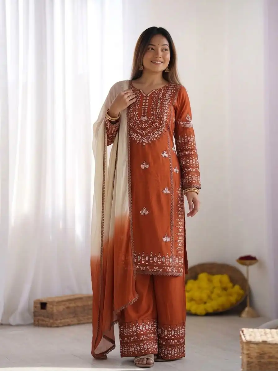 NSR 888 Rust Rayon Salwar Suit with Embroidery Work & Thread Embroidery. Best Price ₹2199. Delivery 4-6 Working Days. Shop now. | Jump Suits, Salwar suit, Casual Suits, Creative suits, Designer Suits, Palazzo Suits, Party Wear Suits, Patiala Suits, Straight Suits