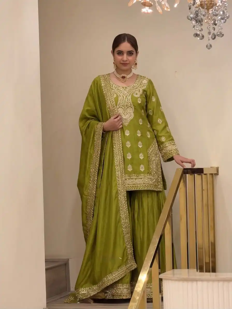 AD 236 Mehendi Color Chinon Silk Salwar Suit with Embroidery Work. Online Get it for ₹2349. Delivery 4-6 Working Days. Shop now. | Jump Suits, Salwar suit, Casual Suits, Creative suits, Designer Suits, Palazzo Suits, Party Wear Suits, Patiala Suits, Straight Suits