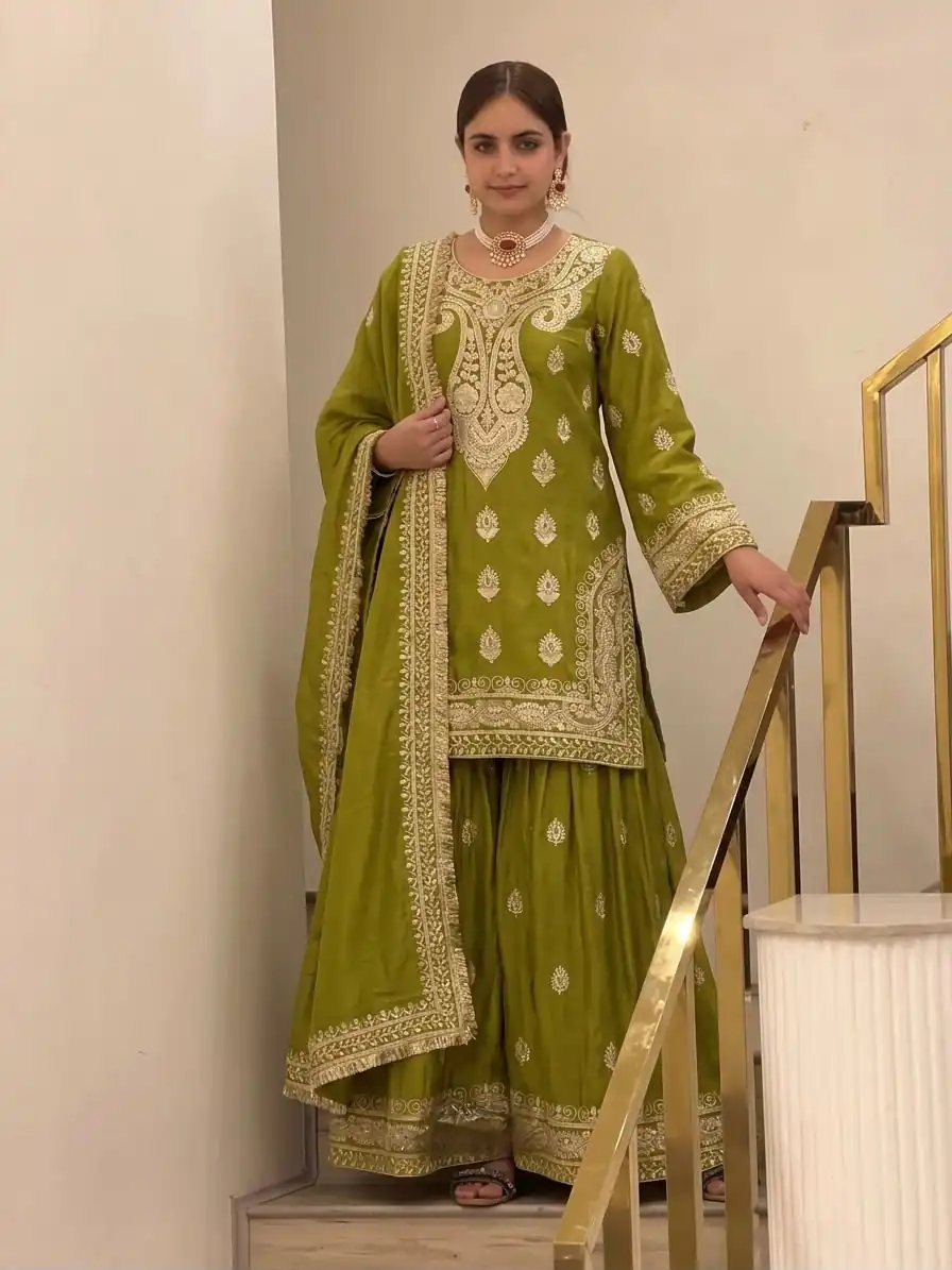 AD 236 Mehendi Color Chinon Silk Salwar Suit with Embroidery Work. Online Get it for ₹2349. Delivery 4-6 Working Days. Shop now. | Jump Suits, Salwar suit, Casual Suits, Creative suits, Designer Suits, Palazzo Suits, Party Wear Suits, Patiala Suits, Straight Suits