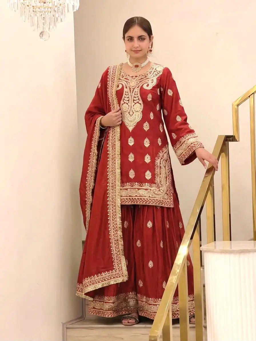 AD 236 Red Color Chinon Silk Salwar Suit with Embroidery Work. Online Get it for ₹2349. Delivery 4-6 Working Days. Shop now. | Jump Suits, Salwar suit, Casual Suits, Creative suits, Designer Suits, Palazzo Suits, Party Wear Suits, Patiala Suits, Straight Suits