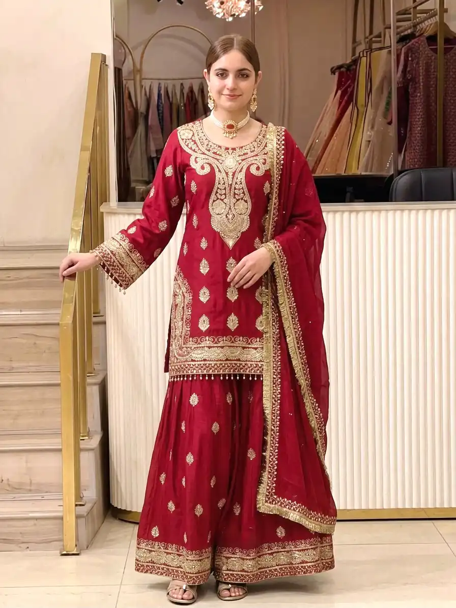 AD 236 Red Color Chinon Silk Salwar Suit with Embroidery Work. Online Get it for ₹2349. Delivery 4-6 Working Days. Shop now. | Jump Suits, Salwar suit, Casual Suits, Creative suits, Designer Suits, Palazzo Suits, Party Wear Suits, Patiala Suits, Straight Suits