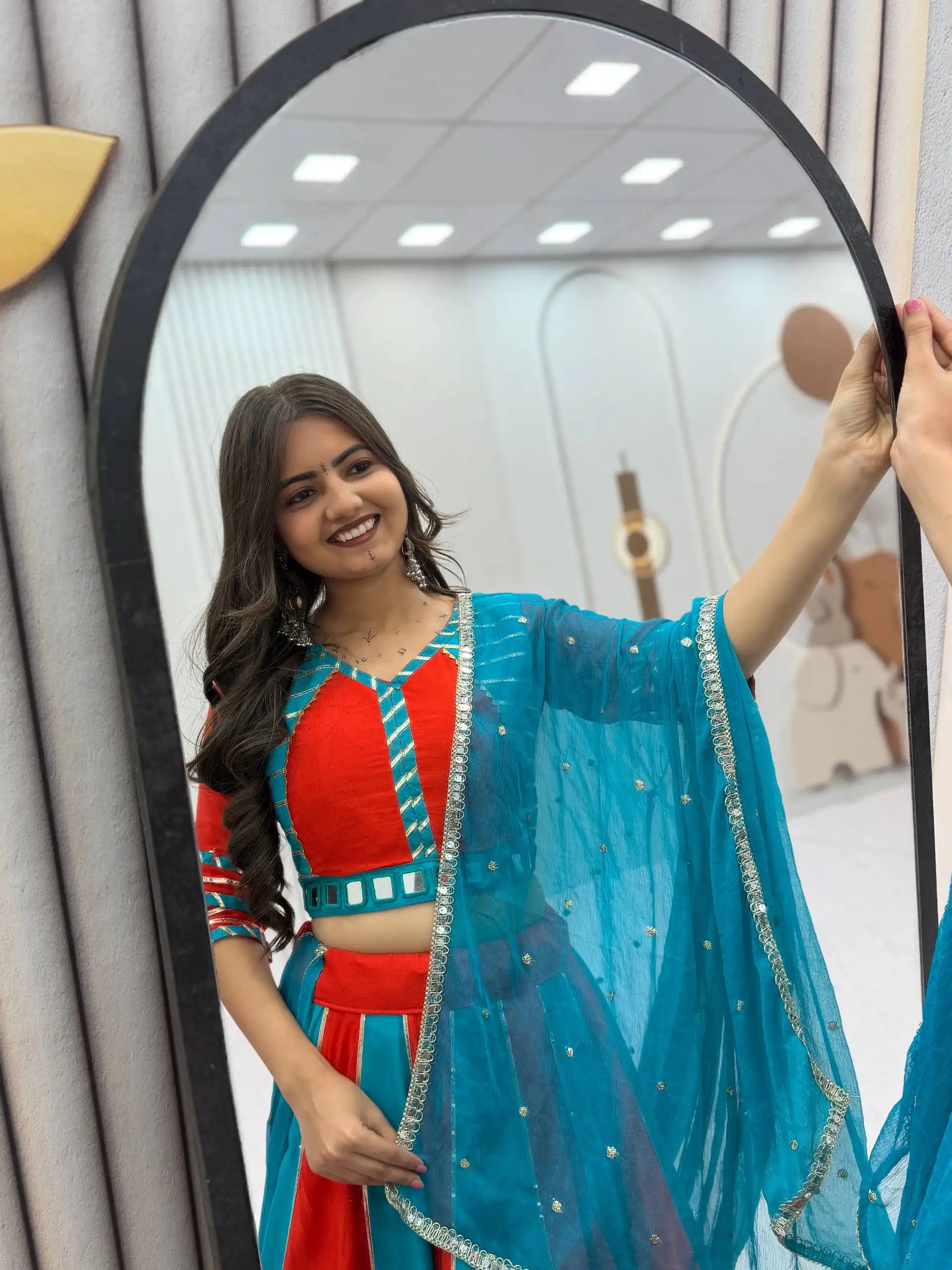 PC 589 Blue in Pure Cotton Mirror Work & Gamthi Work Lehenga Choli . Exclusive Offer ₹2199. Delivery 4-6 Working Days. Shop now. | Lehenga, Bollywood Lehenga, Creative Lehenga, Designer Lehenga, Embroidered Lehenga, Party Wear Lehenga