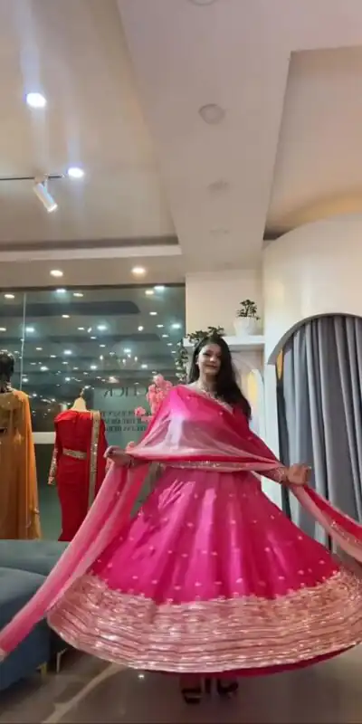 SR 1725 Pink Faux Georgette Gown with Mirror Work & Embroidery Work. Get it for ₹2449. Delivery 4-6 Working Days. Online Shop now. | Gowns, Bollywood Gowns, Creative Gowns, Designer Gowns, Embroidered Gowns, Party Wear Gowns