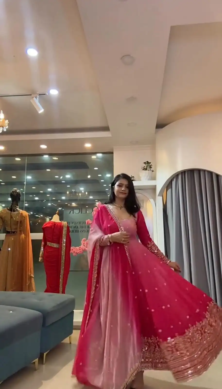 SR 1725 Pink Faux Georgette Gown with Mirror Work & Embroidery Work. Get it for ₹2449. Delivery 4-6 Working Days. Online Shop now. | Gowns, Bollywood Gowns, Creative Gowns, Designer Gowns, Embroidered Gowns, Party Wear Gowns