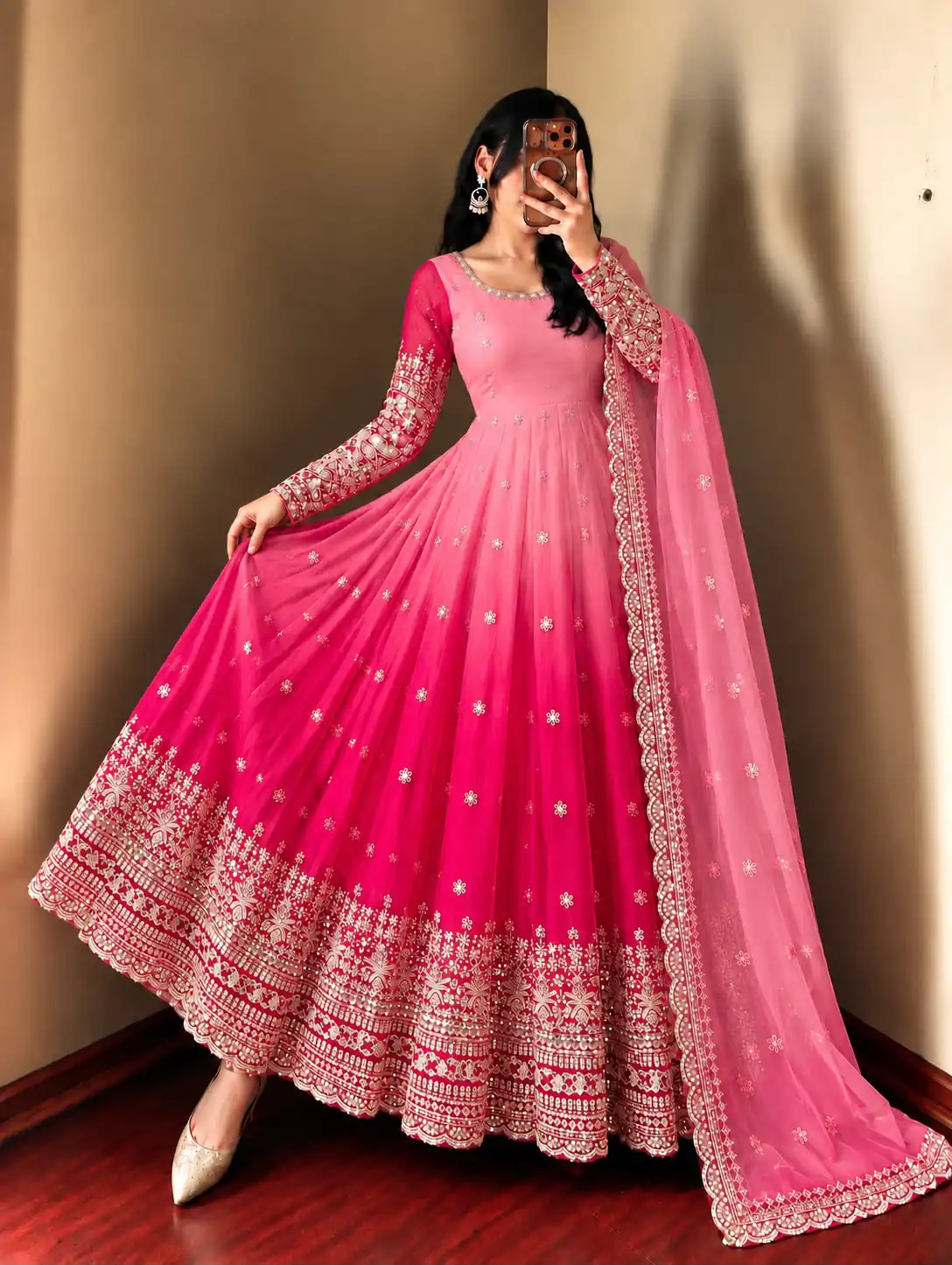 SR 1725 Pink Faux Georgette Gown with Mirror Work & Embroidery Work. Get it for ₹2449. Delivery 4-6 Working Days. Online Shop now. | Gowns, Bollywood Gowns, Creative Gowns, Designer Gowns, Embroidered Gowns, Party Wear Gowns