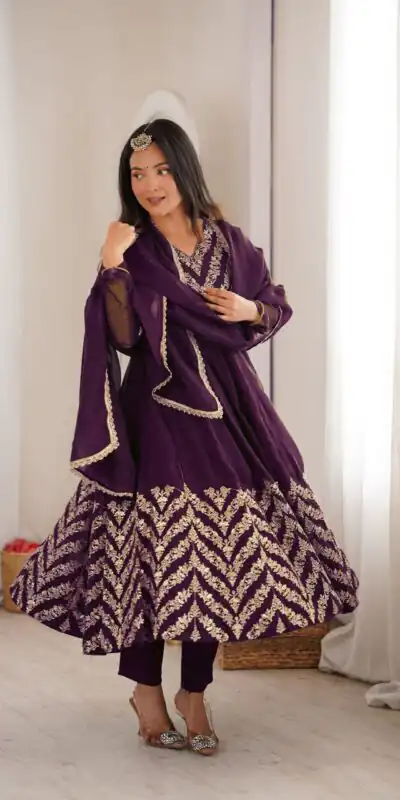 JF 050 Purple Embroidery Work & Sequins Work Salwar Suit in Peach Crunchy Silk. Festive Deal ₹2099. Delivery 4-6 Working Days. Shop now. | Anarkali Suits, Bollywood Anarkali, Creative-Anarkali, Designer Anarkali, Embroidered Anarkali, Party Wear Anarkali
