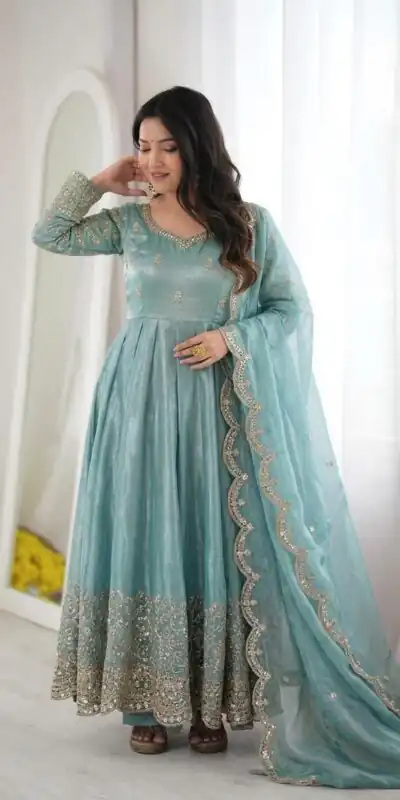 ZSR 3185 Sky Blue Fendy Silk Gown with Embroidery Work & Sequins Work. Special Price ₹2399. Delivery 4-6 Working Days. Shop now. | Gowns, Bollywood Gowns, Creative Gowns, Designer Gowns, Embroidered Gowns, Party Wear Gowns