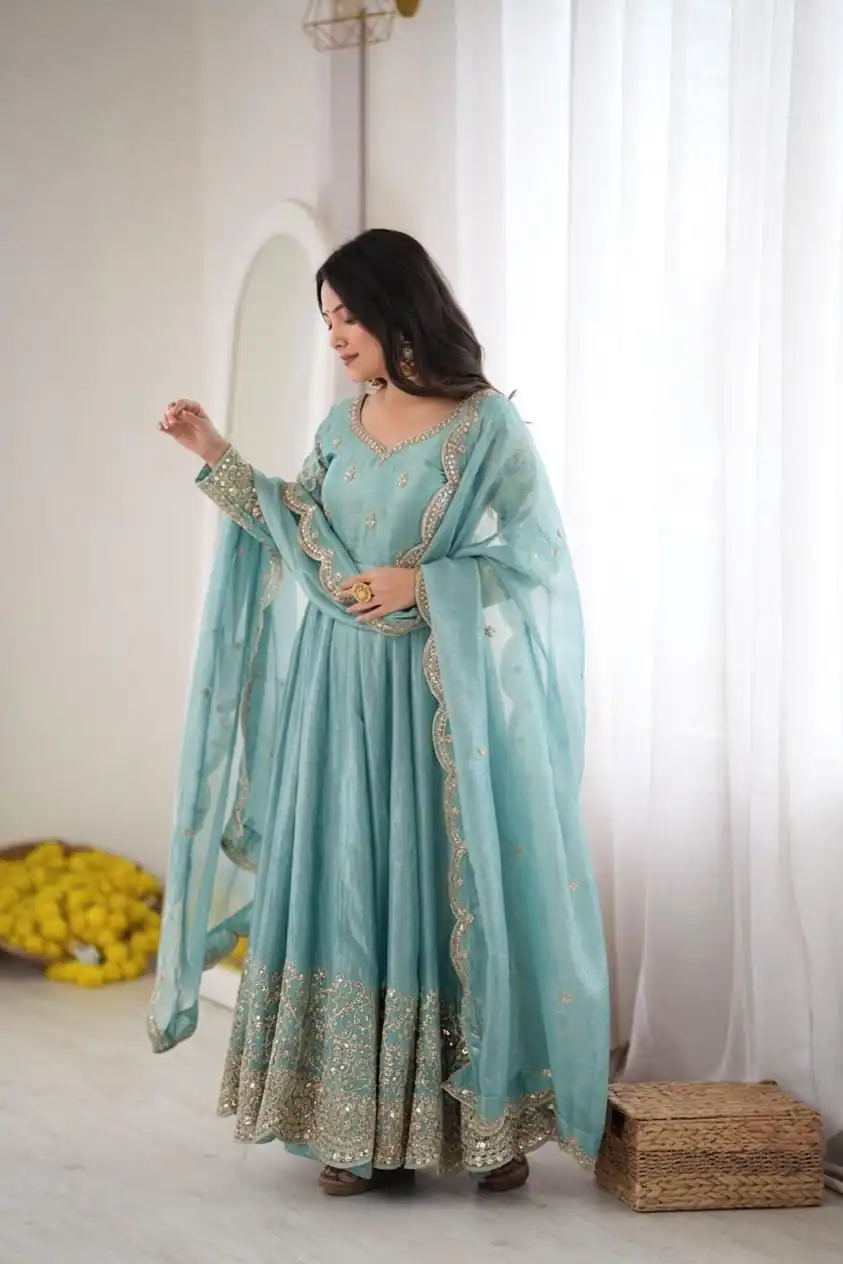 ZSR 3185 Sky Blue Fendy Silk Gown with Embroidery Work & Sequins Work. Special Price ₹2399. Delivery 4-6 Working Days. Shop now. | Gowns, Bollywood Gowns, Creative Gowns, Designer Gowns, Embroidered Gowns, Party Wear Gowns