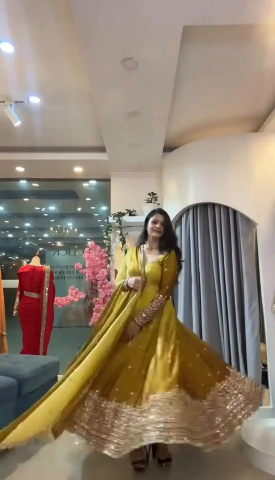 SR 1725 Yellow Faux Georgette Gown with Mirror Work & Embroidery Work. Get it for ₹2449. Delivery 4-6 Working Days. Online Shop now. | Gowns, Bollywood Gowns, Creative Gowns, Designer Gowns, Embroidered Gowns, Party Wear Gowns