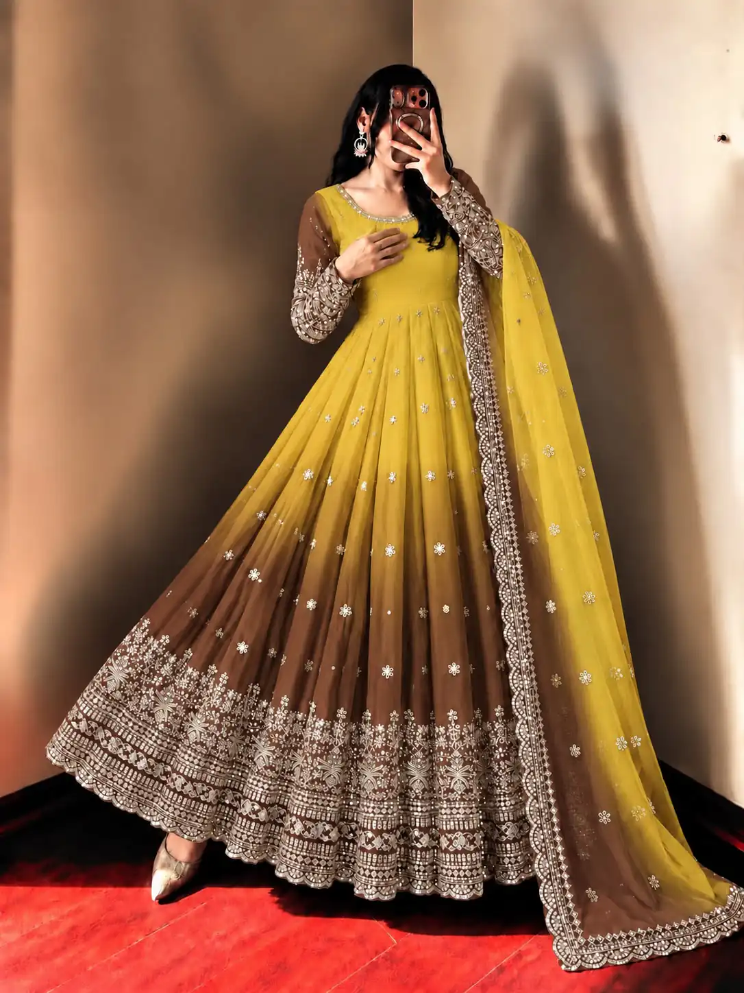 SR 1725 Yellow Faux Georgette Gown with Mirror Work & Embroidery Work. Get it for ₹2449. Delivery 4-6 Working Days. Online Shop now. | Gowns, Bollywood Gowns, Creative Gowns, Designer Gowns, Embroidered Gowns, Party Wear Gowns