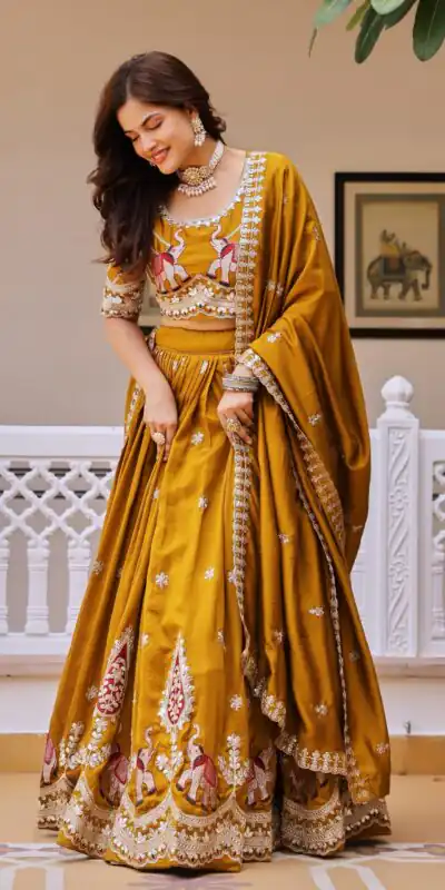 Ram 202 Mustered Color Vichitra Lehenga Choli with Embroidery Work. Exclusive Offer ₹3149. Delivery 4-6 Working Days. Shop now. | Lehenga, Bollywood Lehenga, Creative Lehenga, Designer Lehenga, Embroidered Lehenga, Party Wear Lehenga