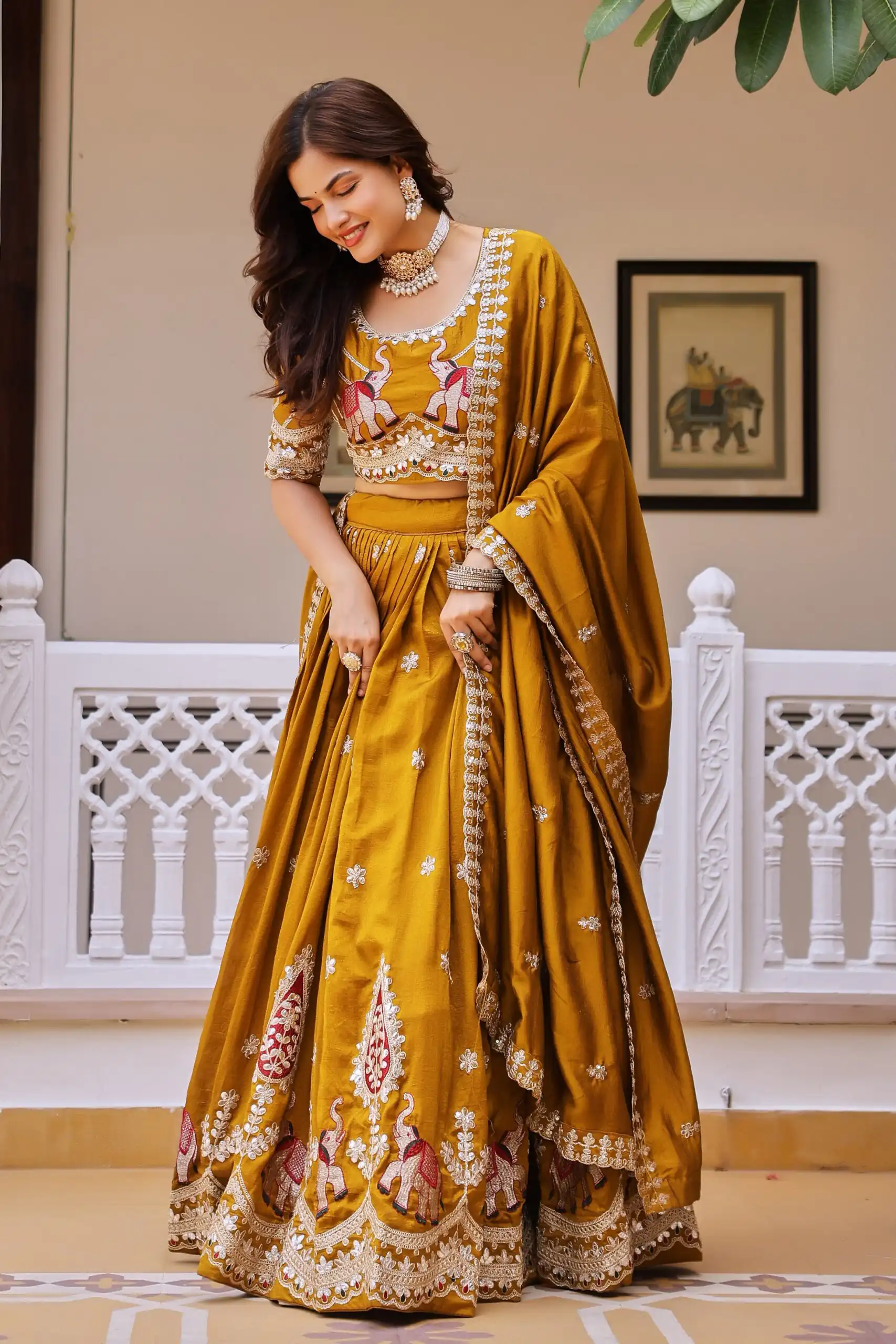 Ram 202 Mustered Color Vichitra Lehenga Choli with Embroidery Work. Exclusive Offer ₹3149. Delivery 4-6 Working Days. Shop now. | Lehenga, Bollywood Lehenga, Creative Lehenga, Designer Lehenga, Embroidered Lehenga, Party Wear Lehenga