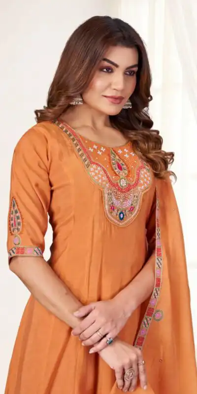 DIVA 171 Orange Mal Chanderi Salwar Suit Perfect for Wedding, Party, Baisakhi, Housewarming, Sangeet – Introductory Price ₹2449. Delivery 4-6 Working D | Jump Suits, Salwar suit, Casual Suits, Creative suits, Designer Suits, Palazzo Suits, Party Wear Suits, Patiala Suits, Straight Suits